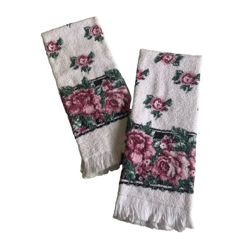 Vintage Franco Fringed Towels Roses Rose Print Set of Two Made in USA